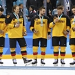 GANGNEUNG, SOUTH KOREA - FEBRUARY 25: Germany's Daryl Boyle #7, Christian Ehrhoff #10, Brooks Macek #12, Marcus Kink #17 and Matthias Plachta #22 are all smiles after receiving their silver medals following a 4-3 gold medal game loss against the Olympic Athletes from Russia at the PyeongChang 2018 Olympic Winter Games. (Photo by Andre Ringuette/HHOF-IIHF Images)

